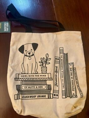 Canvas Bookstack Tote with Dog Illustration - Cream & Black/ Dog Lovers